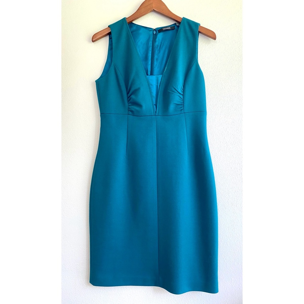 Tahari Sleeveless Sheath Dress 
Teal Ponte V-Neck